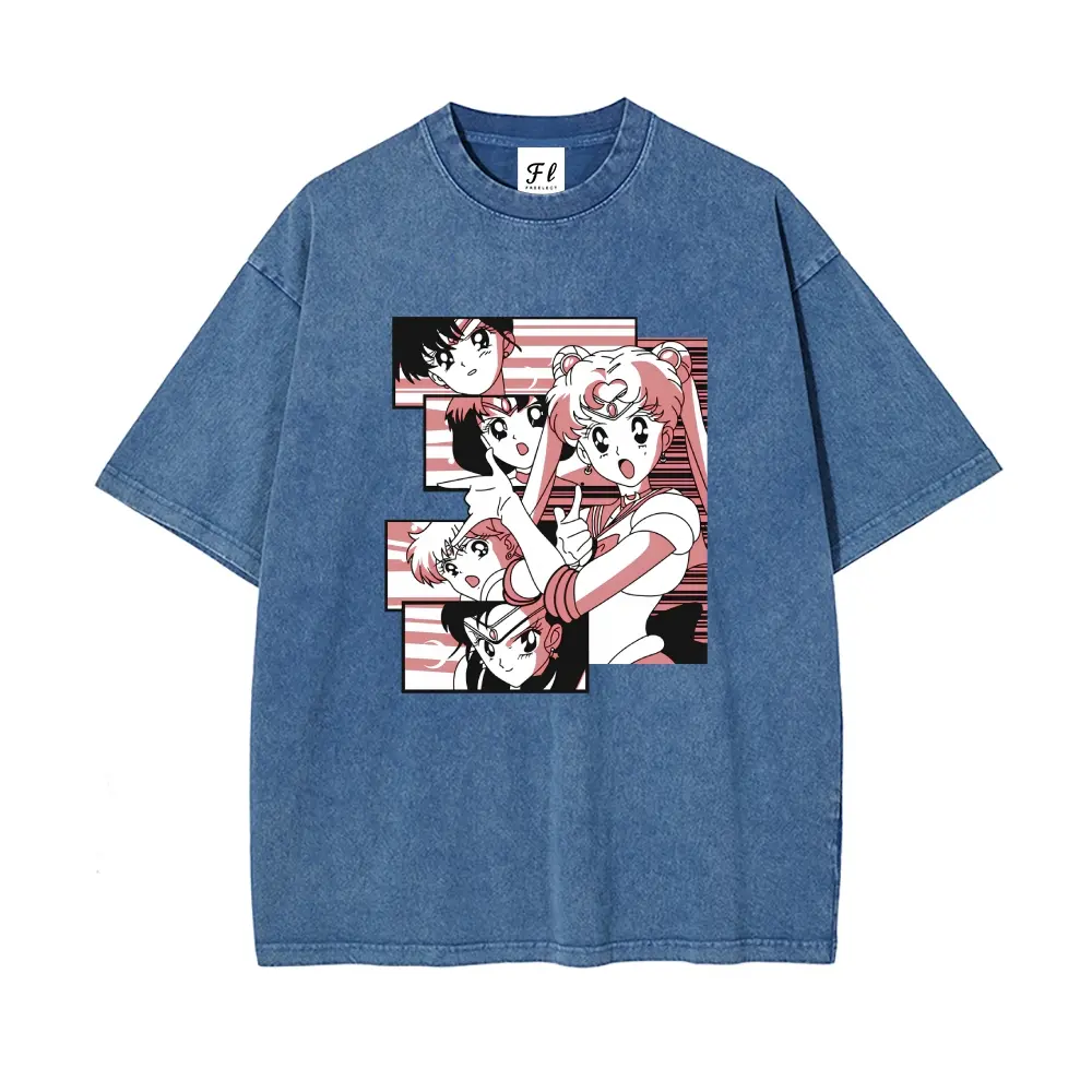 Magical girl Anime Sailor Character Collage Unisex Plus Size Summer Graphic Tees Personalized Pattern Y2k Clothing Round Neck Short-Sleeved Washed T-Shirt,Women's Clothing 100% Cotton, Menswear, Top, Vintage Style, Casual Oversize