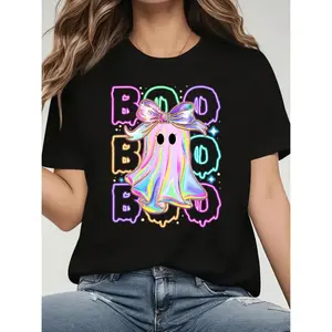 Women'S Plus Size Black T-Shirt with Vibrant Neon Glow-in-the-Dark Ghost Bow Design - Perfect for Halloween Parties & Thanksgiving, 210g, Short Sleeve, Crew Neck, Casual Style, Halloween Party Apparel | Playful Graphic Tee | Stret