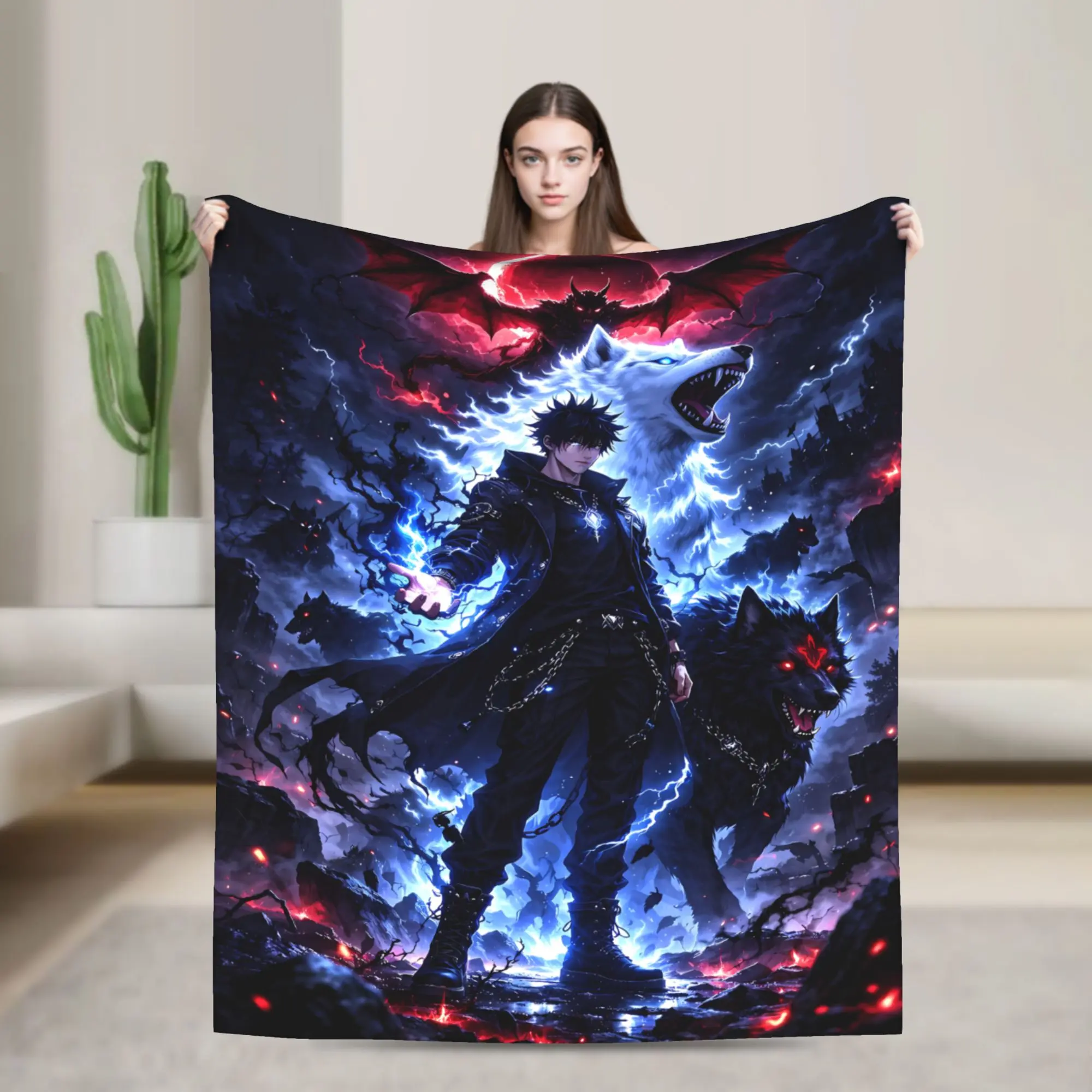Anime Jujutsu Kaisen Nanami Kento & Megumi Fushiguro Vibrant Print Classic Cotton Knitted Flannel Throw Blanket - Ultra Soft, Durable, Cozy Warm - Bedroom/Couch Use - Hand Wash Only, Ideal Blanket Gifts for Birthdays/Christmases