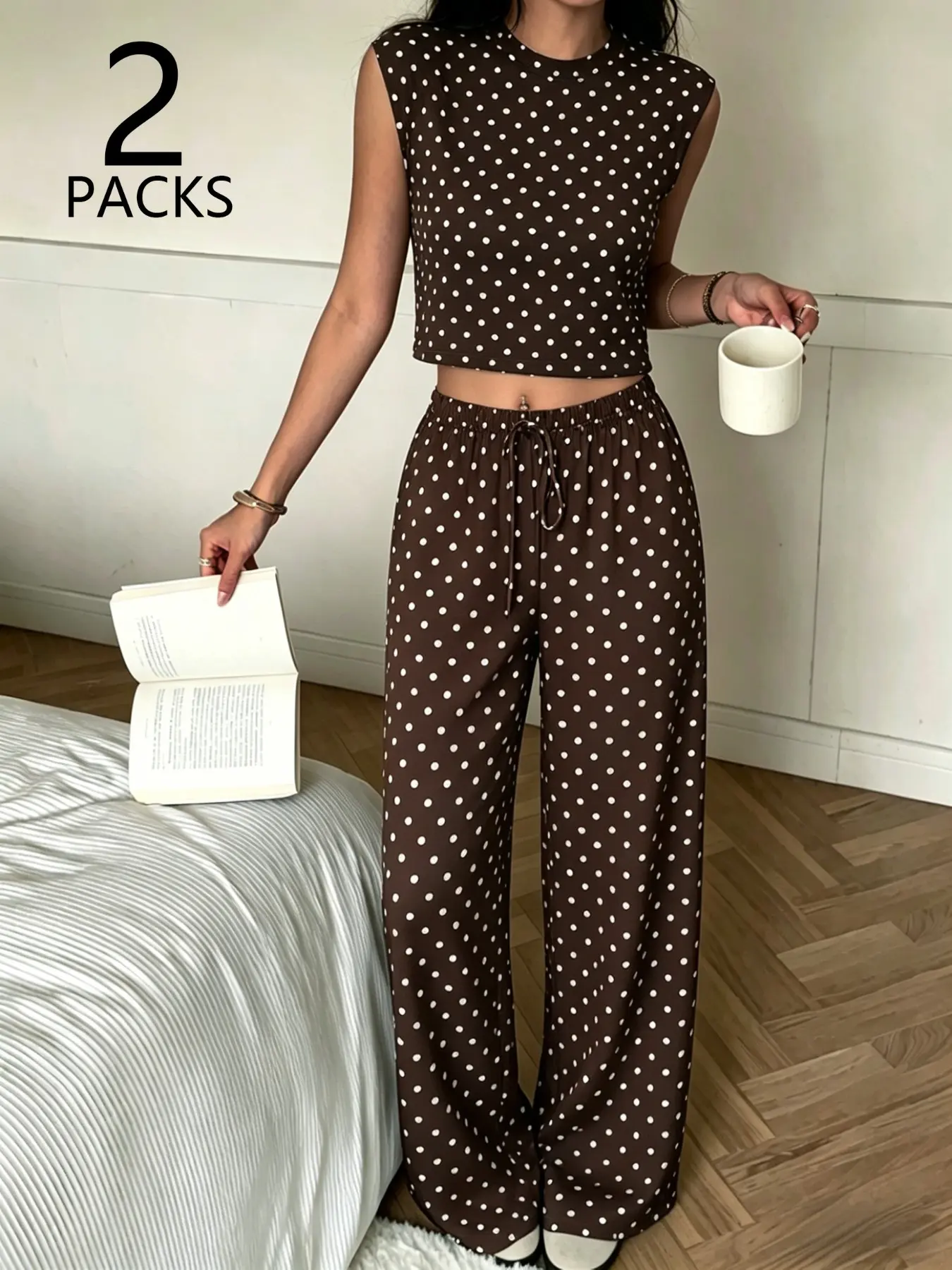Women's Polka Dot Sleeveless Crop Top & Wide Leg Pants Set, Casual Chic Fashion 2 Piece Summer Outfits, Trendy Coastal Cowgirl Streetwear with Paisley Print Vibe, Perfect for Daily Wear & Coachella Festival