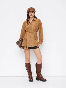 Cider Suede Collar Button Oversized Jacket With Belt