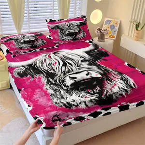 Highland Cow Lover Fitted Sheet Set, 1 Fitted Sheet + 2 Pillowcases - 3 Pcs Soft Breathable Deep Pocket Bedding, Artistic Cow Painting Bed Sheets, Perfect Gift for Farm Animal Lovers, Full Size