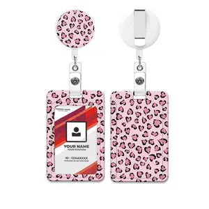 Cool Wind Personalized ID Badge Holder, Retractable Badge Reel, Fun Work Label Badge Stand with Clip, Leopard Print Sleeve Hanging Tag