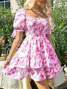 Women's Ditsy Floral Print Ruffle Trim Dress, Fashion Casual Short Sleeve A Line Dress for Daily Holiday Vacation Wear, Ladies Dress for Summer, Womenswear