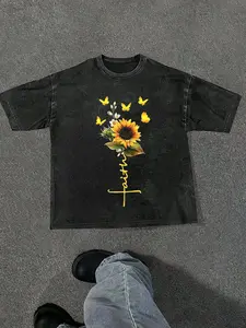 Mens Y2K Fashion - Black Washed T-Shirt: Mens Midnight Bloom: Sunflower  Butterflies Faith Graphic Tee