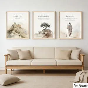 Christian Home Decor Set, Bible Verses Psalm 91:2 Jeremiah 29:11 Psalms 23:4, Soft Neutral Watercolor Landscape Art, Prayer Space Gift