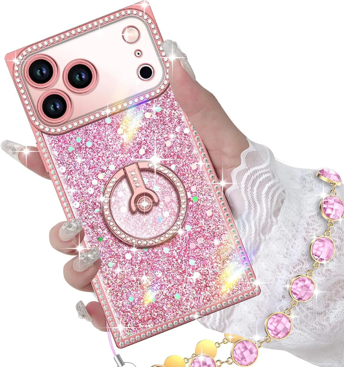 Women's XYZ Smartphone Case - Crystal Rhinestone Handheld Diamond Ring Holder Accessory, Luxurious Sparkling Unique Protective Cover for Apple & Samsung Cellphones