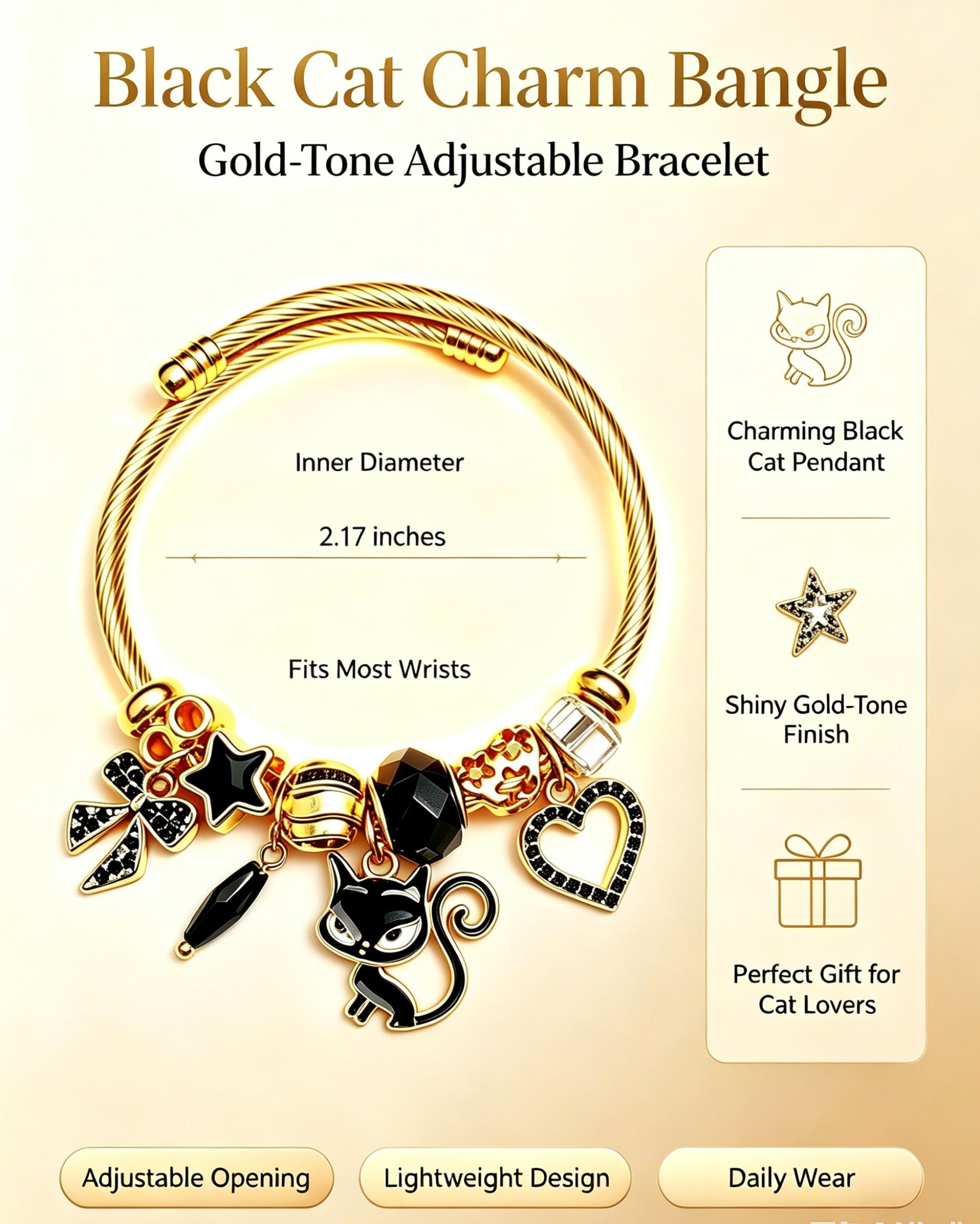 Black Cat Charm Bangle, Gold-Tone Adjustable Cable Wire Bracelet with Black Star Heart Bow Charms, Fashion Jewelry Gift for Women Cat Lovers