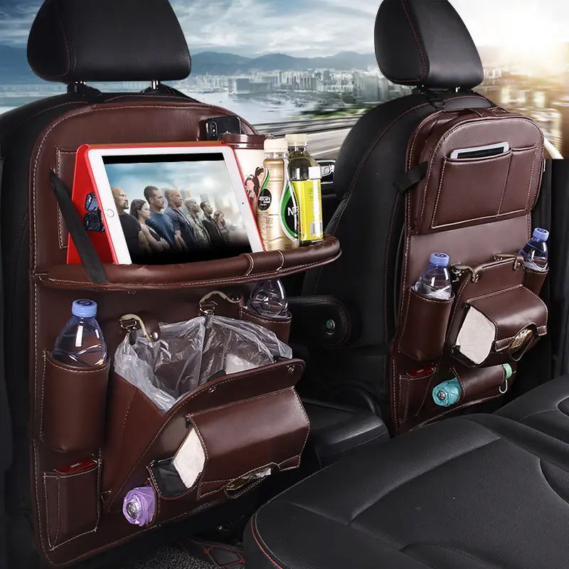 PU Leather Car Organizer, Multifunctional Hanging Seat Back Storage Bag with Tray, Waterproof Automotive Interior Stowing & Tidying Accessory