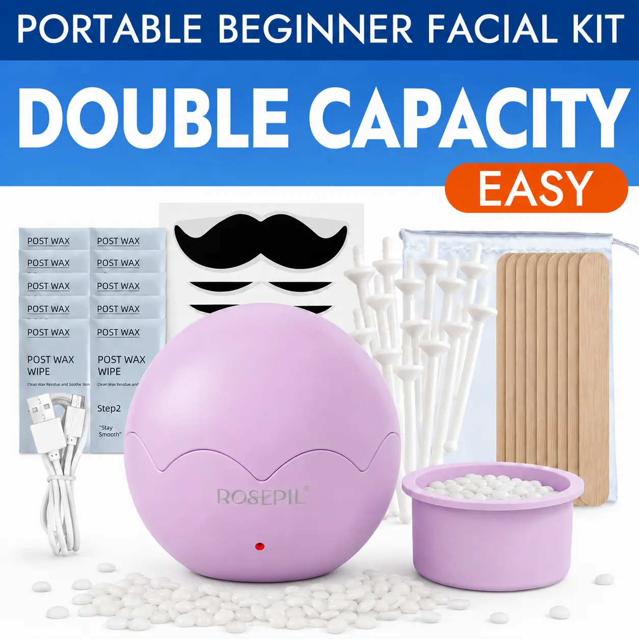 ROSEPIL Mini Nose & Face Wax Kit for Men & Women | Painless Facial Hair Removal with USB Portable Warmer | Choose Purple or Yellow Nose Waxing Kit Waxing Supplies