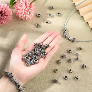 60 Pieces Assorted European Beads with Plating Silver Metal Alloy Rhinestone Large Hole Spacer Beads for DIY Charm Bracelet Jewelry Making