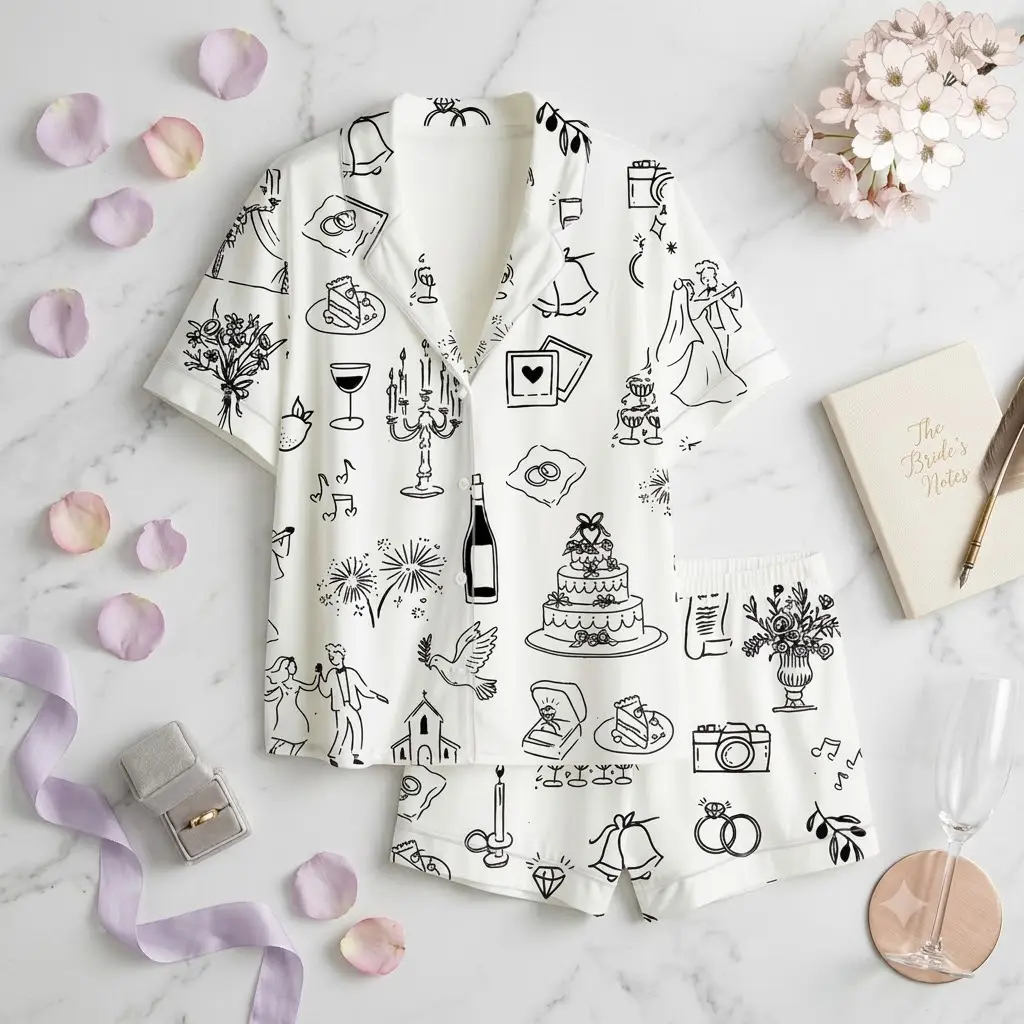 Wedding Pajamas Set, Bride Pajama, Matching Bridesmaid Pjs, Short Sleeve Button Down Loungewear, Bridal Shower Gift, Wedding Morning Getting Ready Outfit, Black White Sketch Doodle Print Sleepwear, Trendy Bride To Be Bachelorette Nightwear for Women