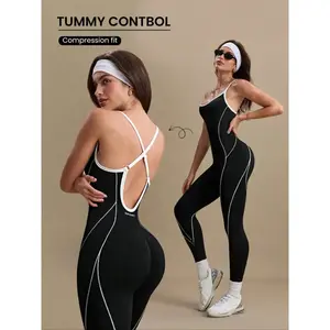 Women's yoga jumpsuit, backless sports jumpsuit, outdoor sports one-piece, seamless knitted hollow out long, ankle above, solid color pattern, suitable for all seasonsRAIMENTRY