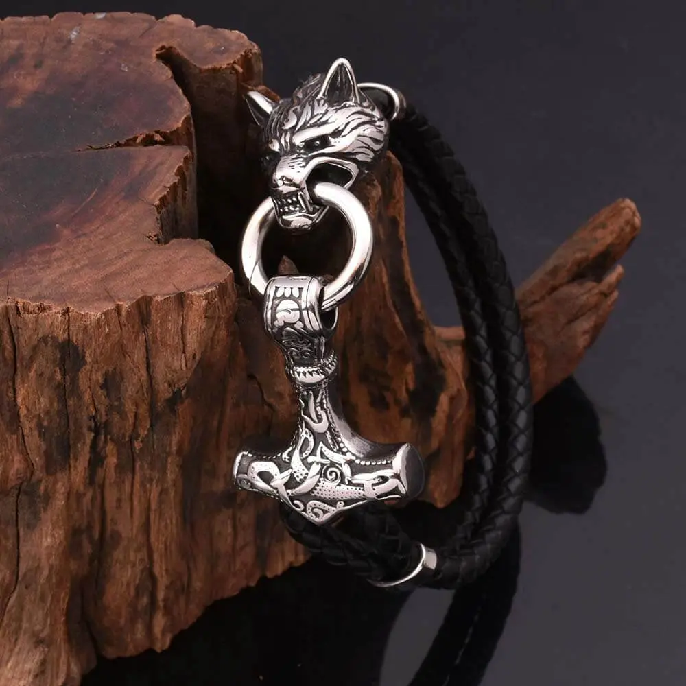 GTHIC Men's Norse Mythology Viking Wolf Head Stainless Steel Leather Bracelet - Adjustable, Versatile, Power-Infused, Longevity-Focused Statement Jewelry for Daily Wear, Bold Look
