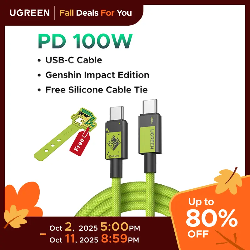 【UGREEN x Genshin Impact】UGREEN USB-C to USB-C Cable 100W Fast Charging with cable tie, Genshin Impact Kinich-Themed Design, Compatible with iPhone 15