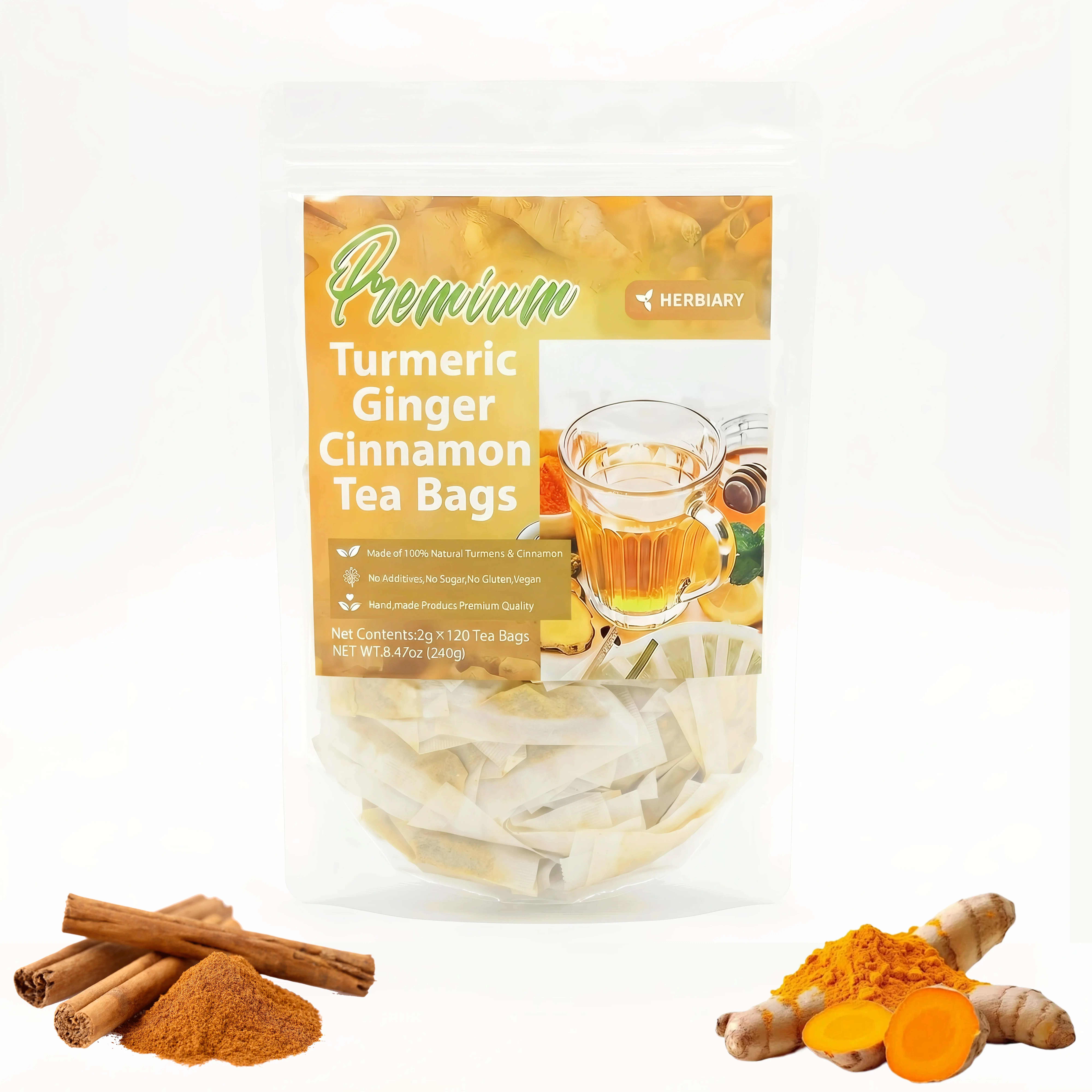 Premium Turmeric Ginger Cinnamon Tea Bags anti-inflammatory 100% Natural Pure Powdered Dairy-Free Sugar-Free Vegan Gluten-Free Keto-Friendly Caffeine-Free 60/120 Bags Herbal Remedy Value Pack Beverage