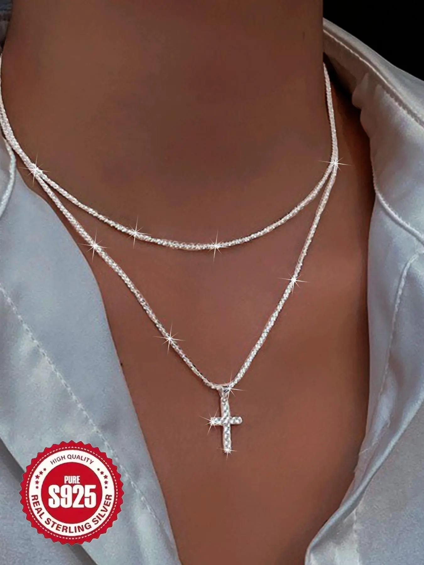 S925 Sterling Silver Women's Elegant Glittering Cross Charm Design Adjustable Pendant Necklace, Cross Chain Design, Exquisite Trendy Pendant Necklace, Chic Jewelry As Gift for Girlfriend, Dainty Cross Necklace, Dainty Necklaces