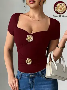 Women's Square Neck Fitted T-Shirt Top Statement Fashion 2026 Double Gold Rose Buttons Stretchy Fabric Sexy Curvy Slim Fit Summer Party Casual Wear Tee