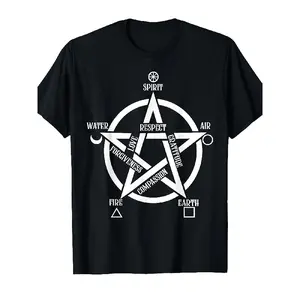 Pentagram Witch T-Shirt- Retro Street Style Unisex Cotton Short Sleeve, Mysterious Symbol Pattern, All-Season Comfort, Machine Washable Printed Design