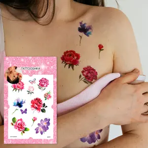 Watercolor set of 8 flowers (LB-131). Temporary tattoos. Party tattoos. Kids tattoos. Custom design. Tattoo sets. Ukrainian. Realistic. Waterproof