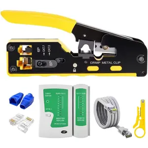 Professional RJ45 Pass Through Crimp Tool Kit Complete Ethernet  Crimper Set with Tester 30 Cat6 Connectors & Covers for Cat5/Cat5e/Cat6