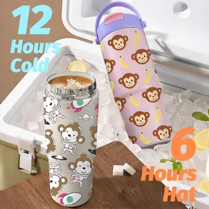 PIKPAKA Cute Monkeys Pattern Vacuum Flasks 700ml Ceramic Lined Tumbler with Tea Infuser & Hidden Straw, Vacuum Insulated Travel Mug, Long Cold Retention Coffee Water Bottle with Handle & Non-Slip Base