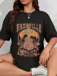 100% Cotton Unisex Nashville Tennessee Guitar Country Music City Guitarist Gift Round Neck Short Sleeve T-Shirt Women's Men Graphic Tee