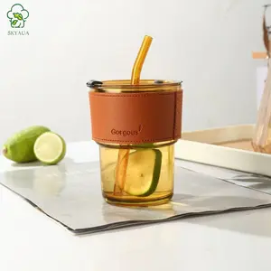 Exquisite Simple Glass Cup with lid and Straw Office Home Drinking Glasses Juice Cup Tea Mug Milk Cups ice Coffee Cup 400ml/14.1oz Practical,summervibes Drinkware Tumblers
