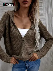 Women's Solid Color Hooded Zipper Knitwear Fitted Cardigan, Long Sleeve Fashion Casual Top, Perfect Layering Choice for Any Season