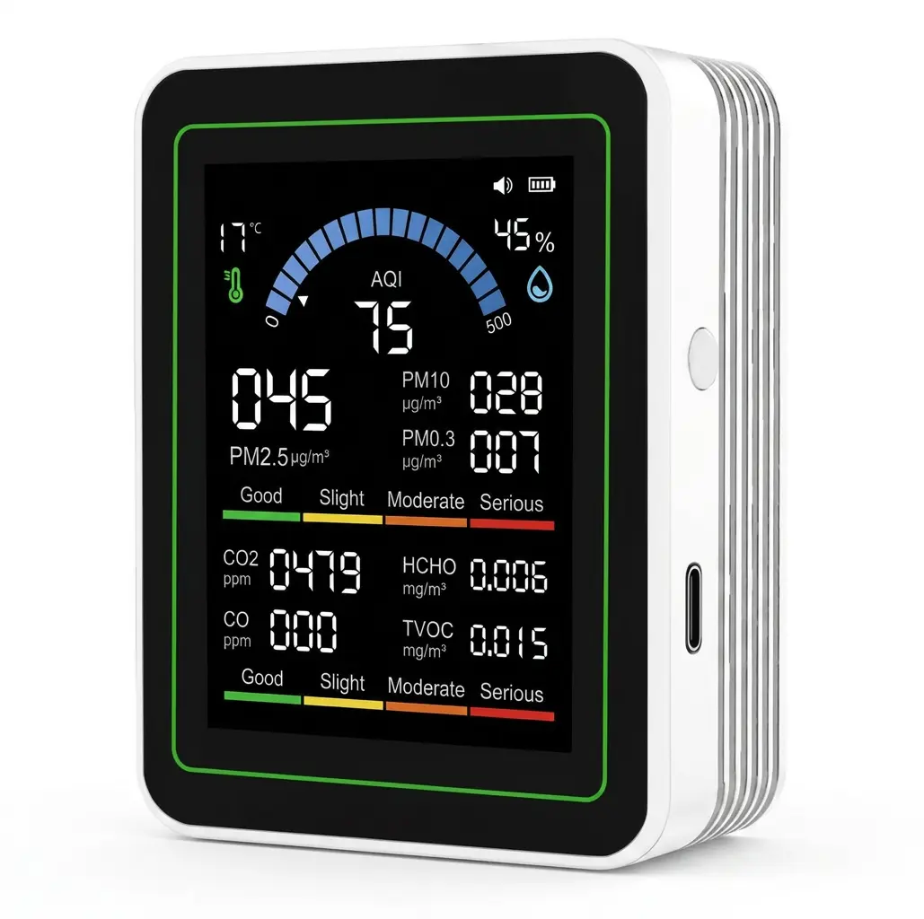 Air Quality Monitor Indoor 10-in-1 Portable Smart CO2 Detector CO HCHO TVOC PM2.5 PM10 Temperature Humidity Sensor Real-Time AQI Monitor for Home Office Car Infants