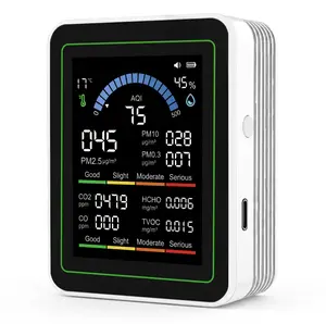 Air Quality Monitor Indoor 10-in-1 Portable Smart CO2 Detector CO HCHO TVOC PM2.5 PM10 Temperature Humidity Sensor Real-Time AQI Monitor for Home Office Car Infants