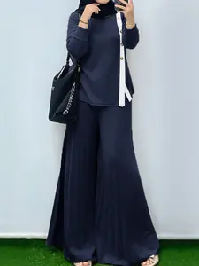 Women's Casual Two-Piece Set Outfit, Round Neck Long Sleeve Woven Top & High Waist Wide Leg Pants, Daily Office Vacation Style, Womenswear