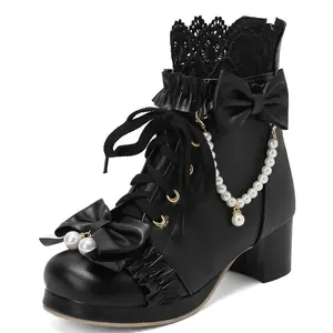 Women's Cute Kawaii Boots for Girls Chunky Mid Heel Ankle Boots With Bow Platform Lace Up Booties With Pearl Sweet Lolita-style Shoes