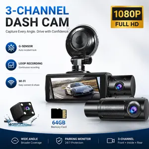 Dash Cam Front and Rear Inside,WIFI & APP,3 Channel DashCam 2026,1080Px3 Dash Camera for Cars 24/7 NightVision,Front and Rear Car Camera, Can Be Connected ToPhones, Loop Recording,Parking Mode Free 64GB Card