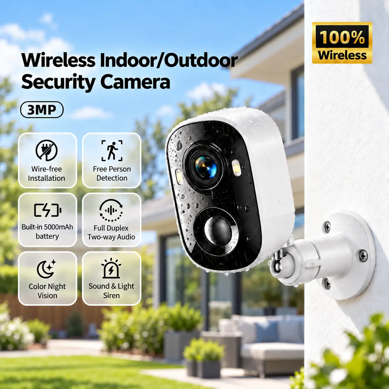 2K Wireless Smart Security Camera, Indoor/Outdoor/Garage Camera,  Color Night Vision, Free Local AI Motion/Person Detection Spotlight & Siren, 2-Way Audio Speaker cameras for home, Connection