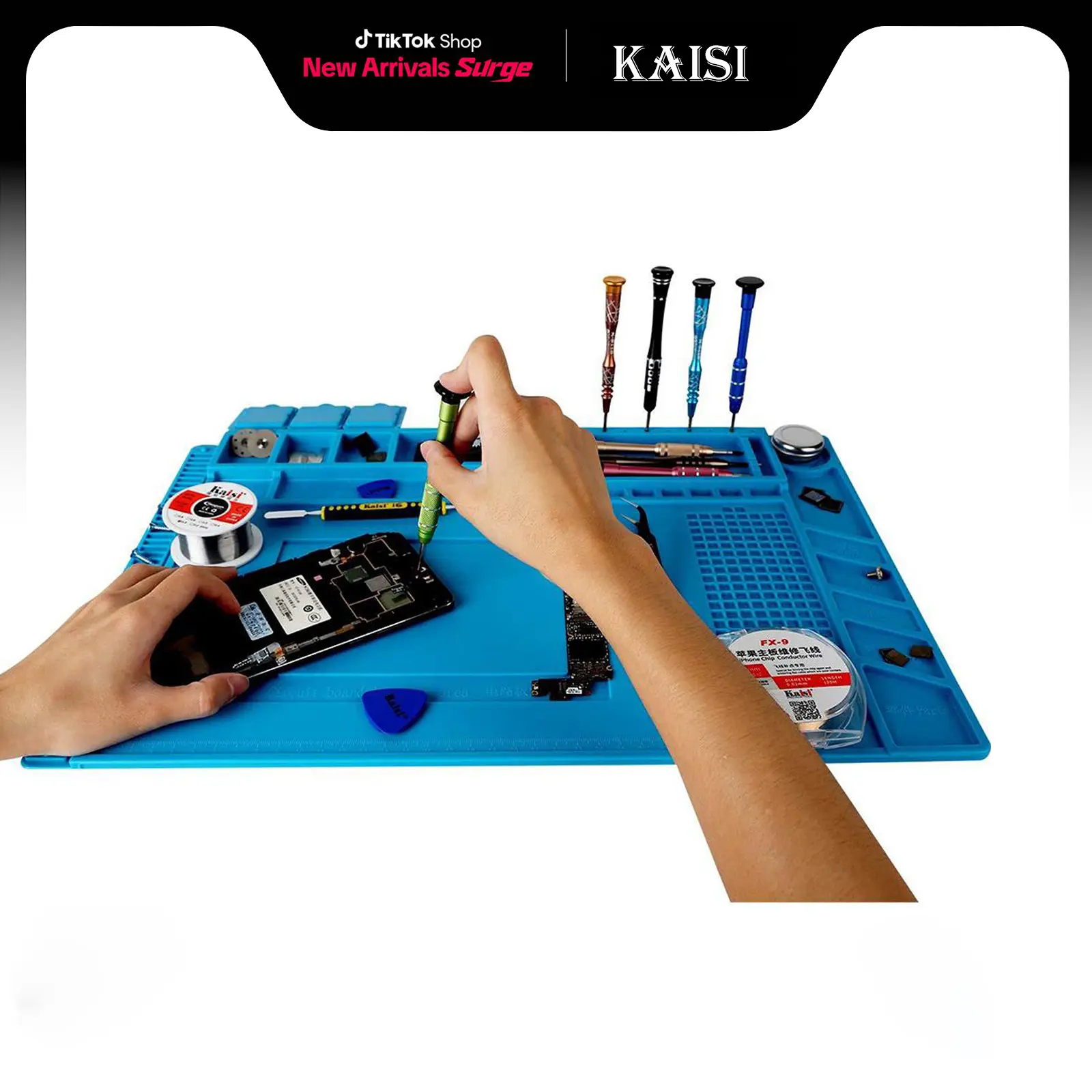 Kaisi S160 Fireproof Heat-Resistant Silicone Magnetic Soldering Mat - Soldering Iron Accessory with Magnetic Grids for Circuit Board Assembly, Eyeglasses, Sports Watch Repair (Mat + Tools)
