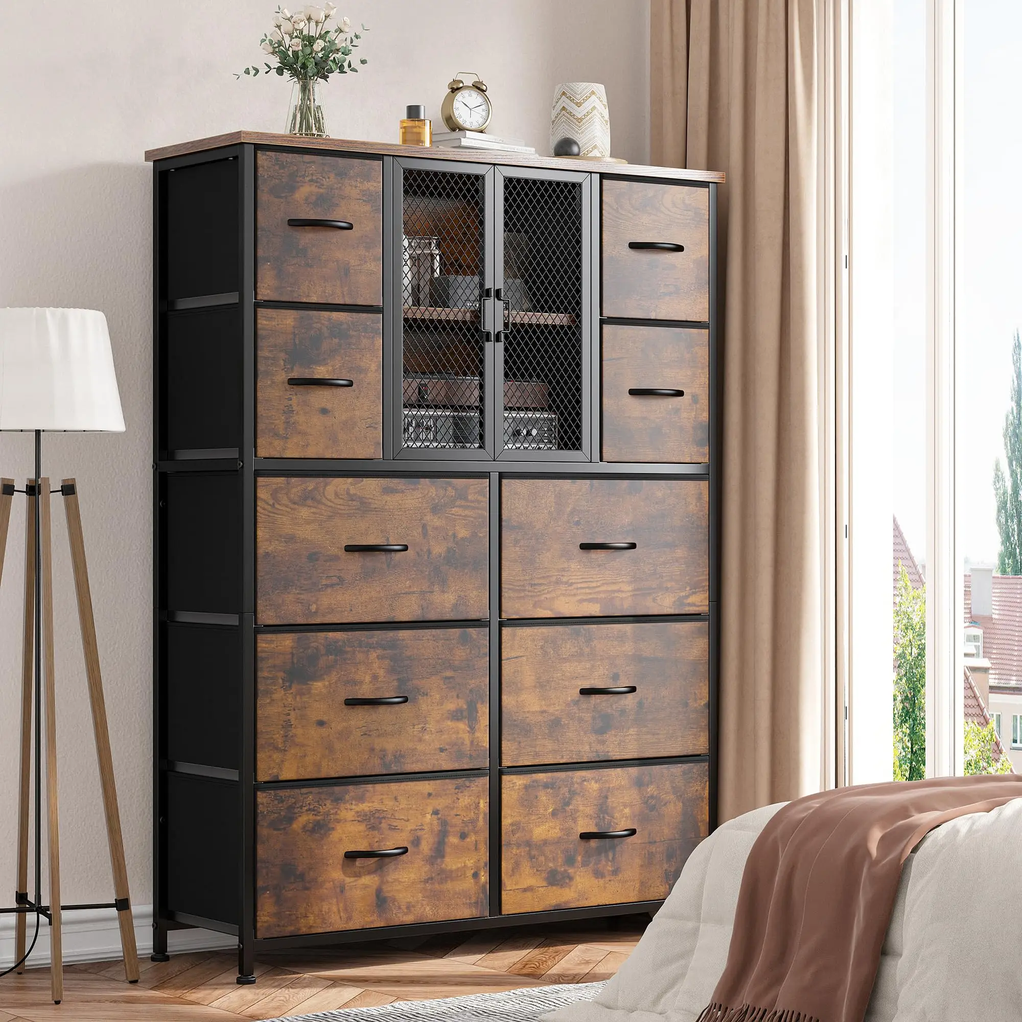 Raybee Dresser Collection Bedroom Chest of Drawers Plastic Drawer Metal Frame Wood Top Board 5 to 16 Drawers for Hallway, Dorm, Living Room, TV Stand