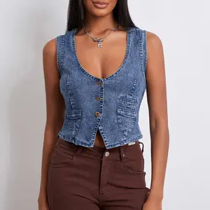 Women Denim Vest, Sleeveless V Neck Button Vest Outwear Gilet with Pockets for Casual Street Womenwear