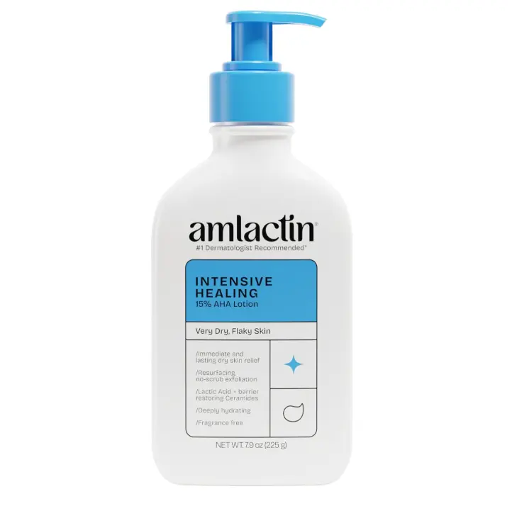 AmLactin Intensive Healing Body Lotion - Therapeutic Lotion for Extremely Dry Skin - No-Scrub Exfoliator and Moisturizer with 15% Lactic Acid AHA and Ceramides, 7.9 oz (Packaging May Vary)