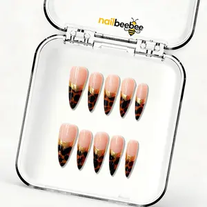 NailBeeBee | 10PCS 1.3 Inch Long Stiletto Acrylic Press On Nails, Tortoiseshell French Tip Fake Nails with Gold Foil Accents, Reusable Glue On Nails for Women