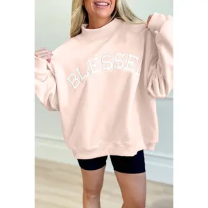 Light Pink Oversize Blessed Embroidered Mock Neck Sweatshirt