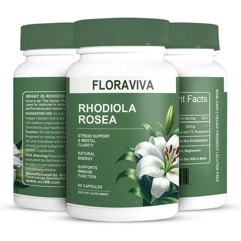 Floraviva Rhodiola Rosea 500mg Capsules, 3% Salidrosides & 1% Rosavins, Stress Relief, Mental Clarity & Natural Energy Support, Vegan Gluten Free Herbal Supplement, 60 Capsules (60 Day Supply)