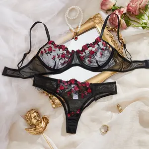 AESKEIA Embroidered Floral Fairy Sexy Lingerie Translucent Underwear Set Bra Lace Push Up Bralette High Waist Matching Women's Sleepwear Nightwear Floral Lace Sexy Lingerie Set Piece Cute - Womenswear
