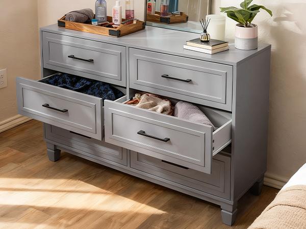 BERRY NEST Modern Minimalist Dresser for Bedroom, 47.2'' Wide Wood Grey Dresser with 6 Drawer, Farmhouse Chest of Drawers with Metal Handle, Closet Store Organizer for Living Room, Hallway