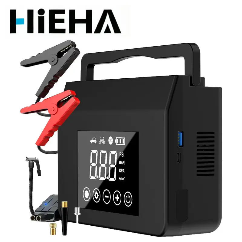 【HiEHA】Compact Multi-Function 4-in-1 4000A Car Jump Starter with 150PSI Tire Inflator, 15000mAh Power Bank & LED Light, -20°F All-Season Reliability, Compatible with Most Cars & Trucks(All Gas/8.0L Diesel), For All Driving Situations, Winter Savior