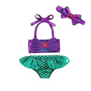 3Pcs Baby Girls Mermaid Bikini Set Lace Up 3D Swimsuits Fish Scales Triangle Briefs Bowknot Elastic Headband Summer Beachwear Suit