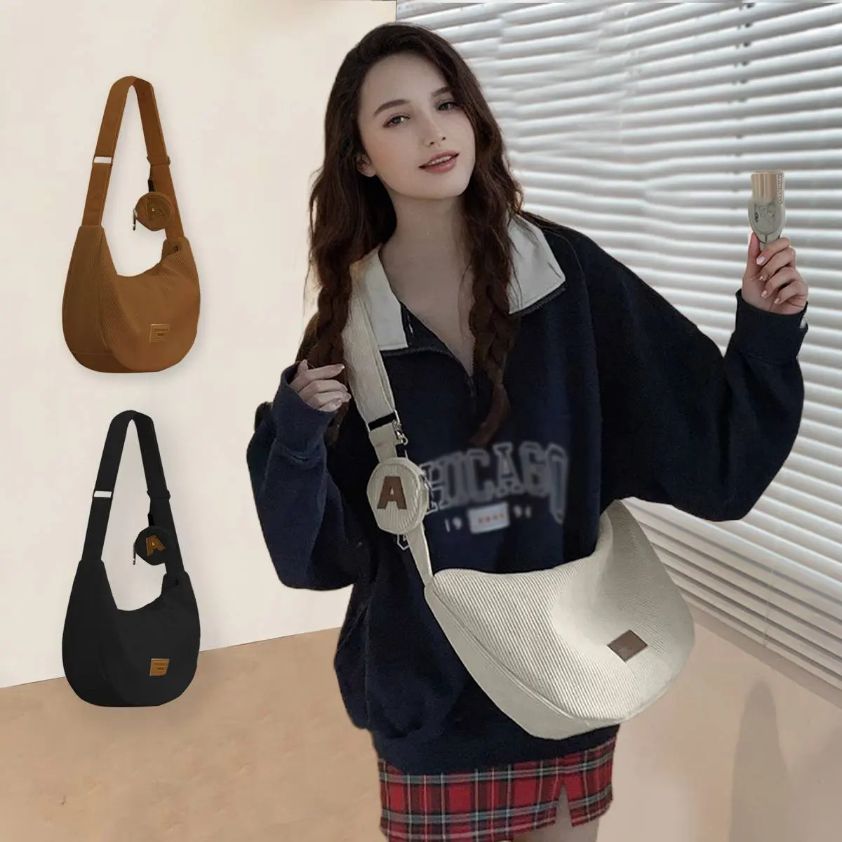 Women's Casual Plain Preppy Street Solid Color Corduroy Crossbody Messenger Bag - High-Capacity Dumpling Satchel with Adjustable Strap, Zipper Closure for Commuting, Travel, Back To School Haul, Whats In My Bag, Holiday, Hand Wash Only, Fashionable Bags
