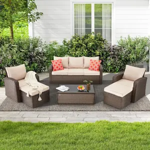6-Piece All-Weather Wicker Patio Furniture Set with Sectional Sofa, Storage Glass Coffee Table, Ottomans, Cushions & Pillows for Garden, Balcony, or Patio, Khaki
