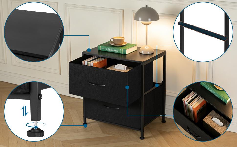 Minimalist Fabric Nightstand with 2 Drawers - Rectangular House Furniture, Small Metal-Frame Bedside Table with Wooden Top, Dresser End Table for Bedroom Small Spaces Black