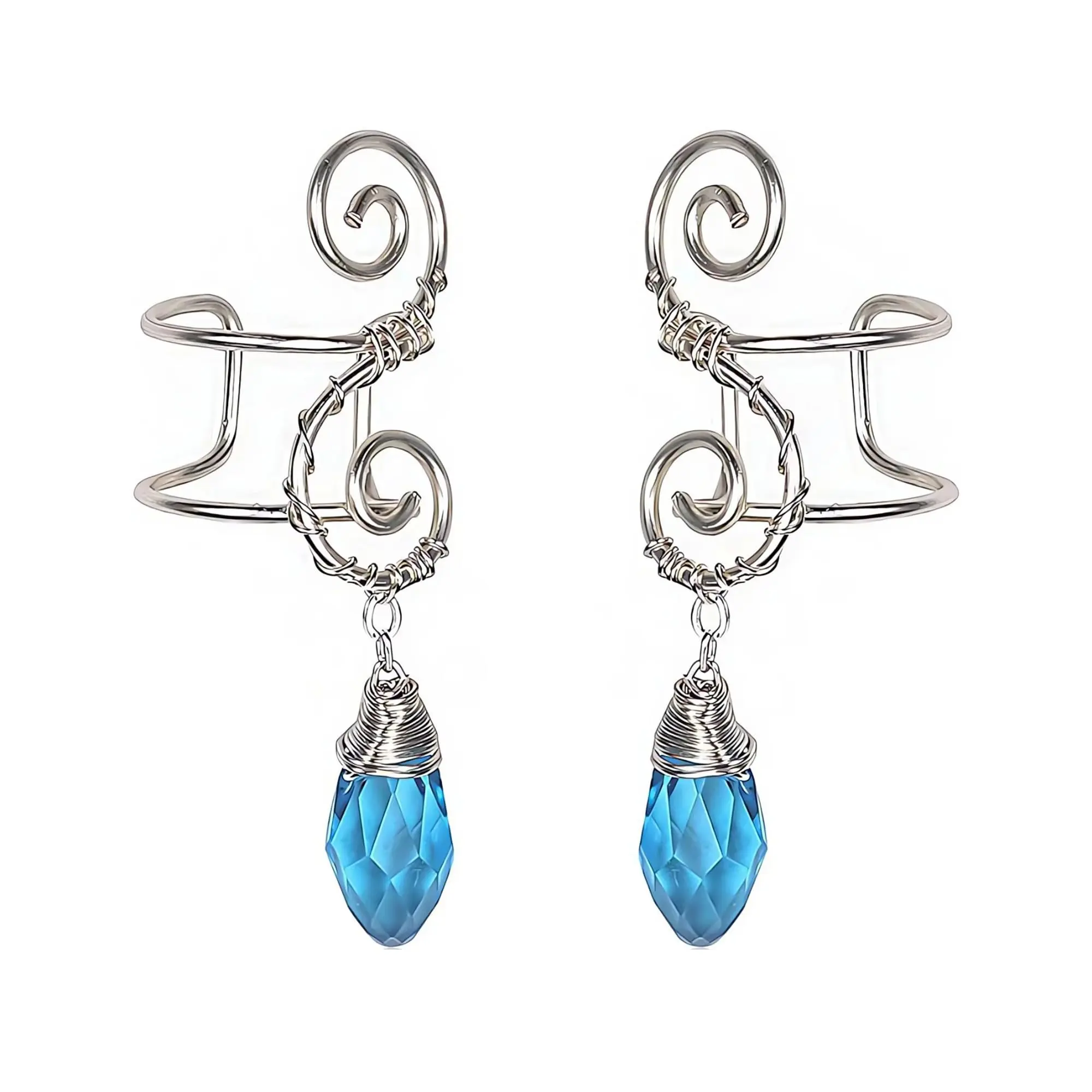 Elf Ear Cuff Earrings, OwMell Non Pierced Ear Cuffs Wrap Clip on Filigree Crystal Drop Earrings Hypoallergenic Handcraft